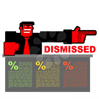 Dismissed. Infographics for dismissal. Red angry Bos points to door. Angry shouts director fired. Unhappy with Chief and  large office desk. Scary man swears

