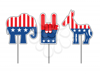 Elephant and donkey. Symbols of Democrats and Republicans. Political parties in USA. Foam finger for elections. Character set for elections, debate in America
