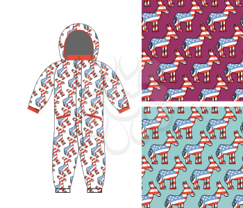 Democrat baby Childrens clothing. Donkey seamless pattern.  Symbol of political party in America. Textures for girls and boys. Childrens Rompers design template. Suit fo small Democrat