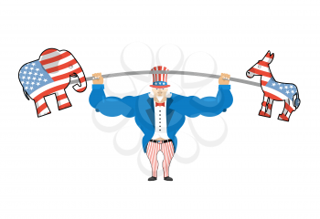 Uncle Sam and donkey and elephant. democratic donkey and republican elephant Strong Uncle Sam goes in for sports. Strong  Sports America. USA national character. Uncle Sam fitness sportsman
