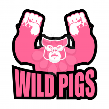 Wild pigs logo for sports team. Angry pig. Aggressive big boar. grumpy farm animal.  