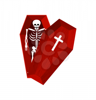 Skeleton in coffin. Open casket and skull and bones. Dead man in hearse. Illustration for halloween
