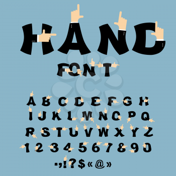 Hand font. Pointing finger alphabet. Businessman arm alphabet. Letters in business suit. Finger points to typography
