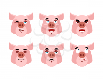 Pig Emotions. Set expressions avatar boar. Good and evil hog. Discouraged and cheerful. Sad and sleepy. Aggressive and cute farm animals
