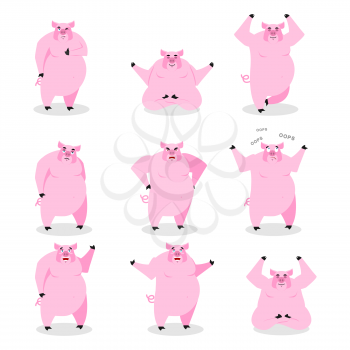 Pig set of different poses. Expression of wild boar emotions. Farm animal evil and good. Sad and happy beast. Aggressive and surprised. Farm yoga
