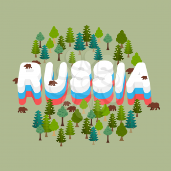 Russia. Wildlife of Russian Federation. Letters Russian flag. Bears in forest. Text in grove
