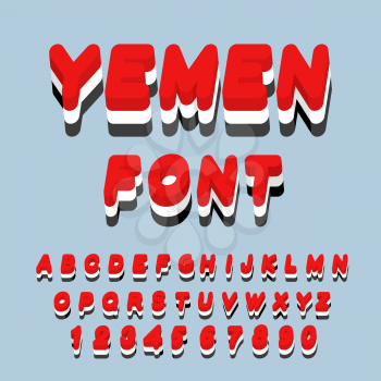 Yemen font. Yemeni flag on letters. National Patriotic alphabet. 3d letter. State color symbolism state in Southwest Asia
