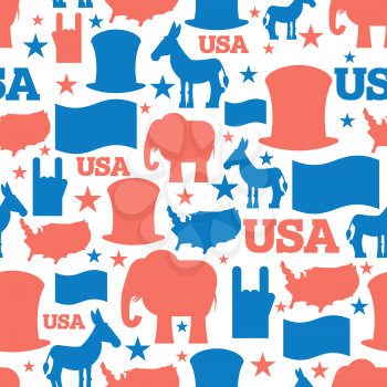 American seamless pattern. USA Election Symbols National pattern. Uncle Sam hat. Americans flag and map. Democrat Donkey and Republican Elephant. Patriotic background. USA Election texture. 