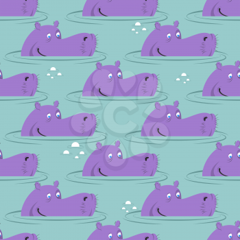 Hippo in water seamless pattern. Good hippopotamus in swamp texture. Ornament for baby cloth. African animal ornament. Purple Hippo pattern

