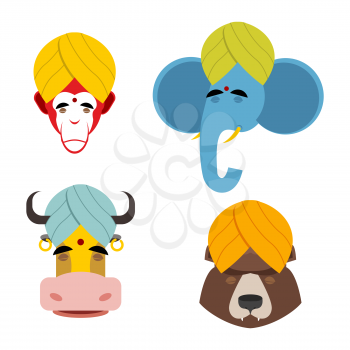 Sacred animals in turban. Blue Indian elephant meditating. cow and red monkey.  Russian bear wearing turban
