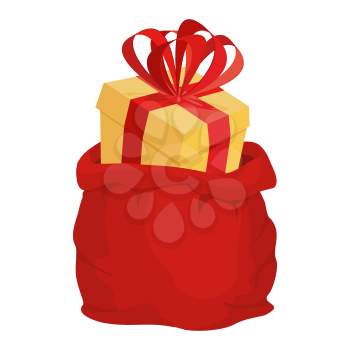 Santa bag with gift. Red big Christmas sack. box with bow