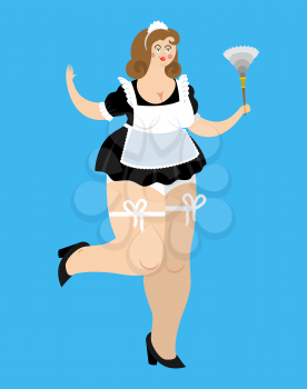 Sexy maid. sensual cleaning woman. Girl in black lingerie and stockings. Stockings and Slender legs. Suit for sex games. Smiling lady cleaning classic shape with duster. Cartoon temptress