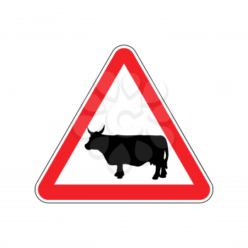 Cow Warning sign red. Farm Hazard attention symbol. Danger road sign triangle cattle
