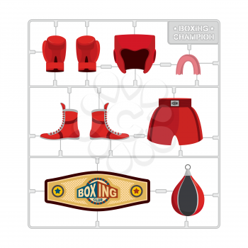 Boxing set. Collection champion. Gloves and protective helmet. Sports shorts and cap. punching bag and winner belt. Plastic Model kit
