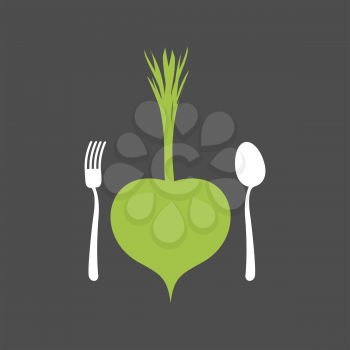 Vegetarian Food logo. Vegetable and cutlery. Fork and spoon and turnips. vegetarianism menu
