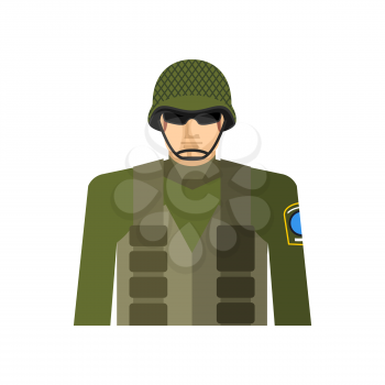 Soldier portrait. Military in protective helmet and flak jacket. Special forces
