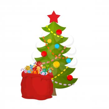 Christmas tree and bag Santa Claus with gifts. Red sack of toys and sweets for children. New Year illustration
