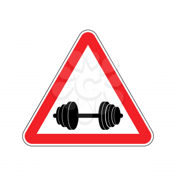 Attention sport. Sign warning of danger dumbbell. Danger road sign red triangle. Fitness on way
