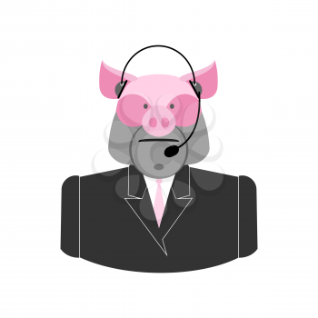 Farm call center. Pig with  headset. swine operator feedback farm clients. Customer Service