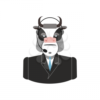 Farm call center. Cow with headset. Bull feedback operator with farm clients. Customer Service