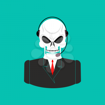 Death call center. Skull with headset. Skeleton feedback operator with clients. afterlife Customer Service