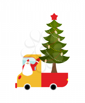 Santa Claus in truck with tree. Holiday car. New Year Machine
