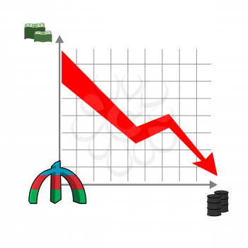 Azerbaijani manat money falls. Falling of rate of manat. Red down arrow. Reducing cost of oil. Schedule of fall of national currency in Azerbaijan. Barrels of oil. Graph fall for business presentation