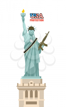 USA protection. Statue of Liberty with gun. Symbol of democracy and machine gun belts. Landmark American military helmet. famous sculpture in New York and soldiers badge. Patriotic military illustrati