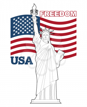 Statue of Liberty and American flag. Symbol of freedom and democracy. Monument of architecture in New York. Patriotic illustration for Independence Day. National Landmark USA
