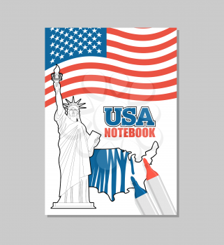 USA notebook. American Covers for coloring booklet. National book, brochure. Statue of Liberty and map of America

