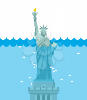 Statue of Liberty flood. USA attraction underwater. American symbol filled with water. Fish swim in ocean. Disaster in New York
