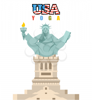  Statue of Liberty yoga. National symbol of America in lotus position. USA Yoga. Symbol of freedom and democracy. Monument of architecture in New York. Woman yogi
