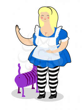 Alice and Cheshire Cat. Old fat woman and shabby fabulous animal
