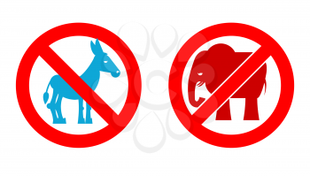 Ban elephant. Stop donkey. Prohibited Symbols USA political parties. Crossed-out animals. Emblem against American Democrat and Republican. Elections in United States. Red prohibition sign
