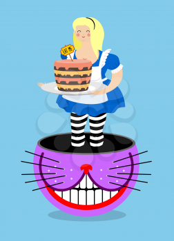 Alice in Wonderland and Cheshire Cat. Old fat woman and shabby fabulous animal
