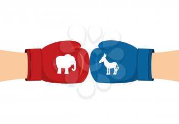 Elephant and Donkey boxing gloves. Symbols of USA political party. American Democrat versus Republican. Elections in United States. Battle for votes
