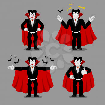 Dracula set of movements. Vampire collection of poses. ghoul expression of emotion. Cheerful and surprised. Angry and happy
