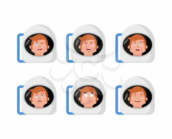 Emotions astronaut. Set expressions avatar spaceman. Good and evil. Surprise and fun. Sad and aggressive. Space helmet
