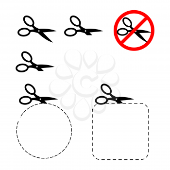 Scissors and cut line. Dotted line for cutting. Design element. Round and square frames. It is impossible to cut with scissors prohibitory sign
