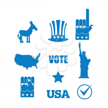 Democrat donkey election icon set. Symbols of political parties in America. Statue of Liberty and USA map. Fist and Uncle Sam hat
