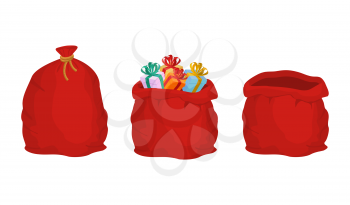 Red bag Santa Claus set. Large sack holiday for gifts. Big bagful for new year and Christmas

