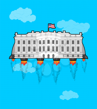 White house Flying with rocket turbo. USA President Residence in space. American National Palace flies. Government building connected to future. Fantastic main Landmarks Washington dc.