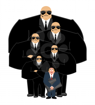 Bodyguard Services and businessman with suitcase. VIP protection. Black suit and hands-free. Strong Security on white background. customer protection and professional team work. 