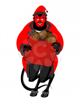 Satan Santa Krampus. Christmas monster for bad children and bullies. Claus red demon with horns. folklore evil. Devil with beard and mustache. shit bag for harmful kids. 
