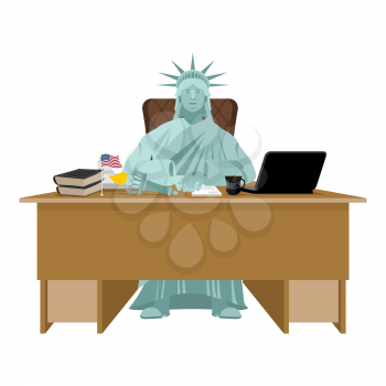 Statue of Liberty sitting in office. American boss at table. Businessman from United States at desk. Workplace supervisor. Director desktop. Laptop and phone. Cup of coffee and   Chair. Flag USA
