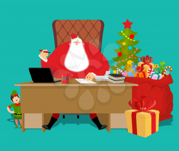 Santas Working office. Claus at work. Christmas elf helper. Big red bag with gifts for children. Desk and chair boss. New Year director. phone and documents. Large sack of Toys and sweets. Workplace C