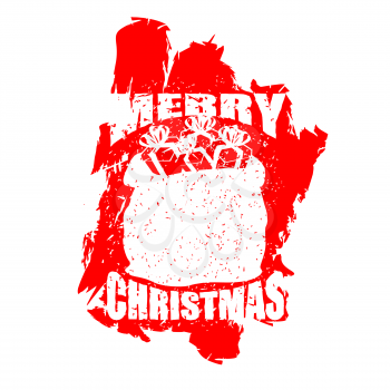 Santa Claus red bag in grunge style. Spray and scratches. Noise and brush strokes. Printing for New Year. Merry Christmas sack with gifts
