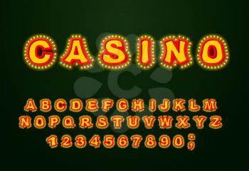 Casino font. Glowing lamp letters. Retro Alphabet with lamps. Vintage alphabet with light bulb. Glittering lights lettering
