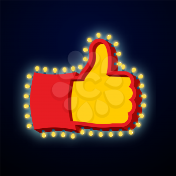 Thumb up sign with glowing lights. Like symbol of retro plate Hand with light bulb. Vintage direction pointer. Glittering lights gesture of approval
