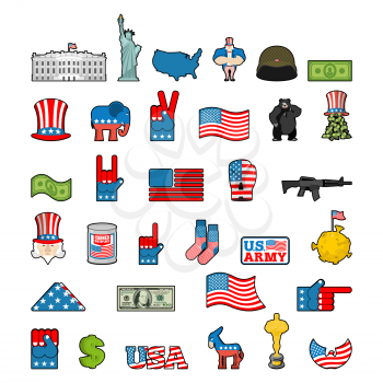 America icon set. National sign of USA. American flag and Statue of Liberty. White House and  dollar. Map of United States. Uncle Sam and moon. Elephant and donkey. Eagle and baribal bearl. traditiona